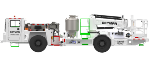 Getman ProCharge ANFO 4000 SE underground ANFO charging machine shown in left-side profile with enclosed side-entry operator cab, ANFO storage vessel, boom, and charging basket.